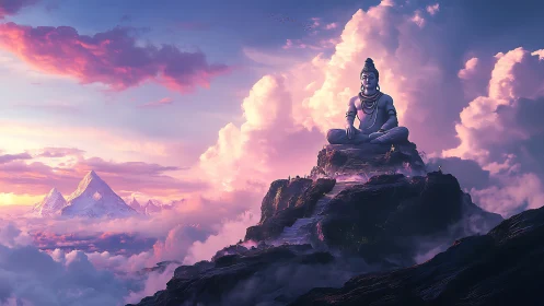 Monumental meditative deity rendered above luminous cloudscape