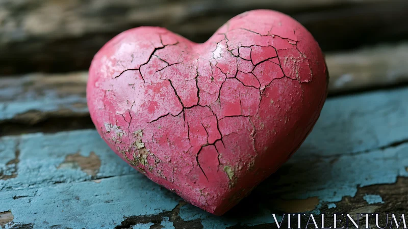 Cracked pink heart sculpture on weathered blue wood surface
