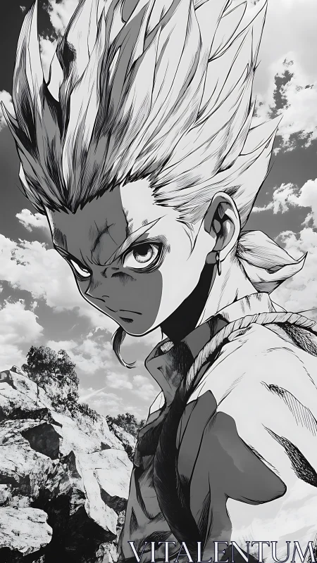 Monochrome anime warrior rendered with high-contrast linework