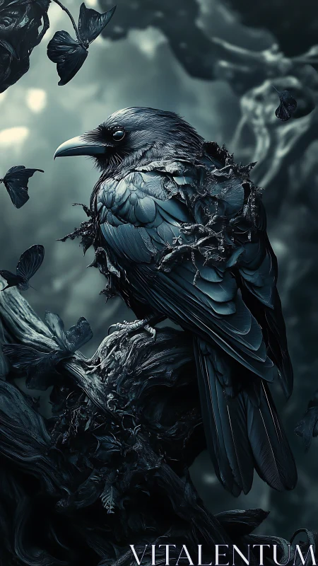 Midnight raven perches in twisted forest, wrapped in shadow