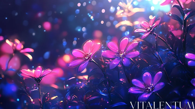 Neon glowing flowers against blurred bokeh background