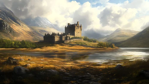 Sunlit lakeside castle cradled by misty highland hills.