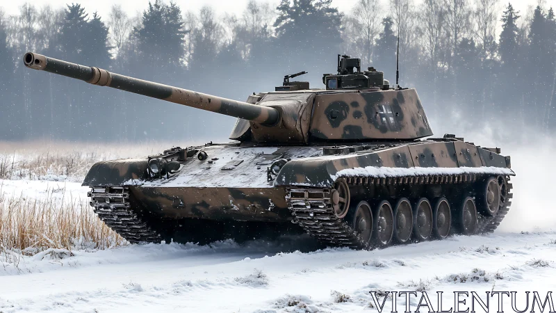 Main battle tank advancing through snowy woodland terrain.