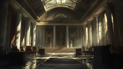 Cinematic neoclassical hall rendered in dramatic volumetric light