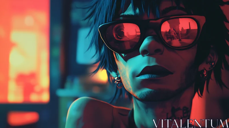 Neon-lit cyberpunk portrait with reflective red glasses.