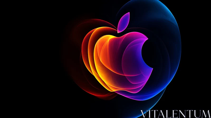 Neon gradient apple symbol on black digital background.