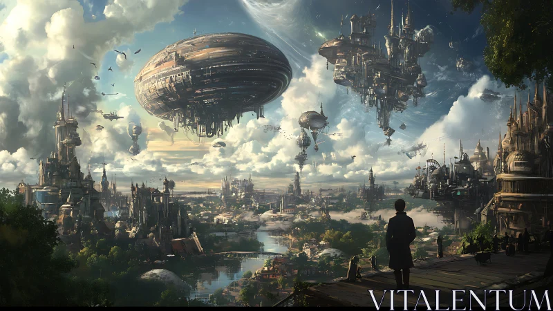 Futuristic sky city with colossal hovering airships above valley.