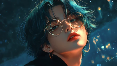 Neon teal haired youth with glasses under cinematic bokeh light