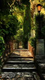 Photorealistic garden stairway with dappled golden light.