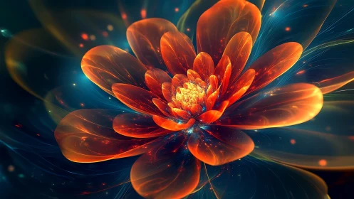 Luminous fractal flower with glowing orange translucent petals.