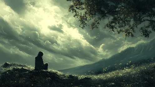 Solitary figure contemplates a storm-lit, windswept valley.