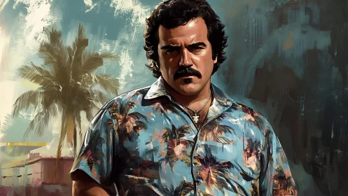 Brooding man in tropical shirt beneath stormy palm skies.