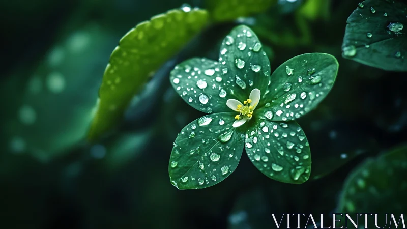 Dew-kissed green flower glows softly in lush morning light.