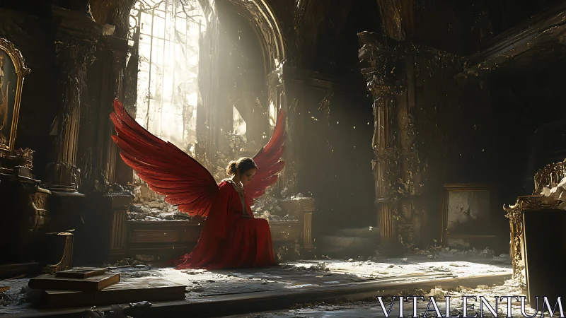 Red-winged angel in decayed cathedral under volumetric light shafts
