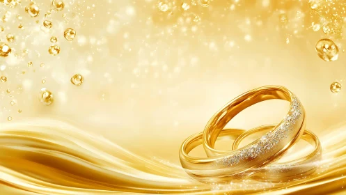 Golden wedding bands in luminous liquid gold environment.