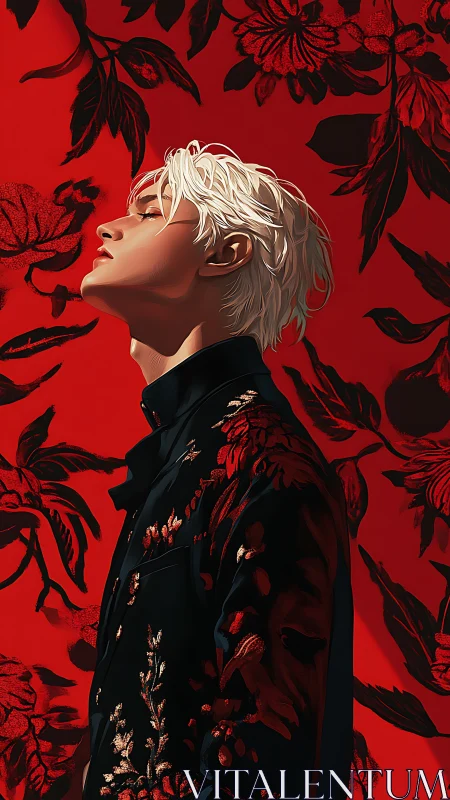 Crimson florals and quiet confidence in profile portrait.