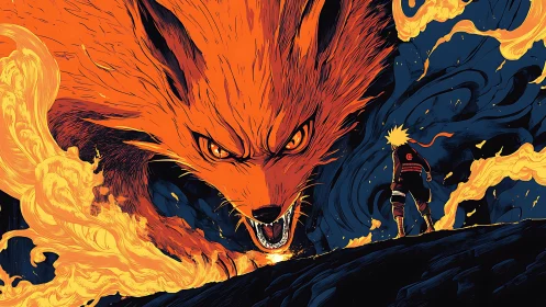 Orange tailed beast and lone figure stand in opposing stances