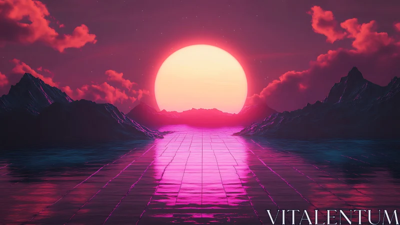 Neon sun over reflective grid between dark digital peaks.