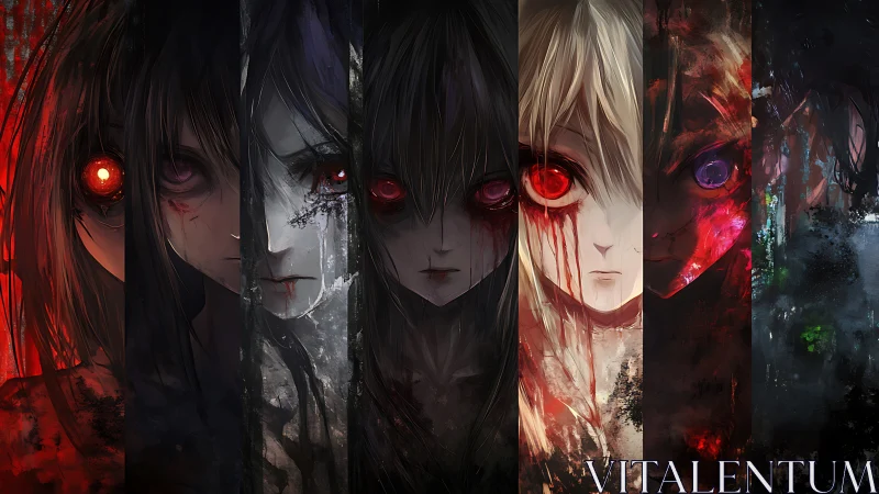 Segmented lineup of stylized figures with red glowing eyes.