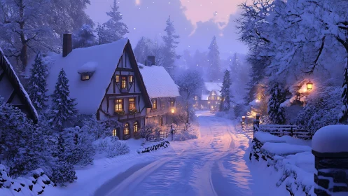 Snowlit cottage lane glows with twilight chimney warmth.