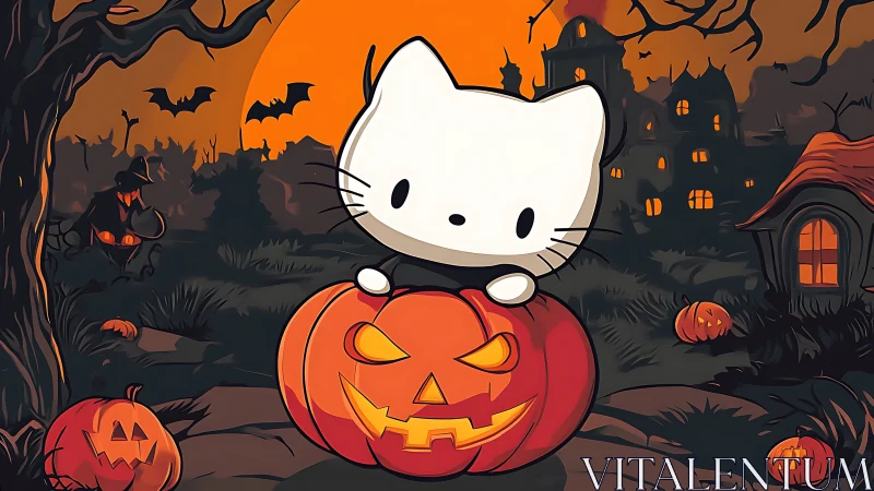 Cartoon cat character positioned on pumpkin in Halloween landscape setting.