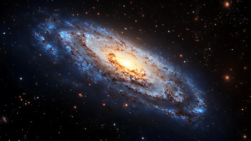 Edge-on spiral galaxy rendered with luminous stellar core