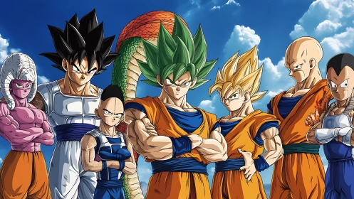 Seven muscular anime fighters stand aligned under blue sky