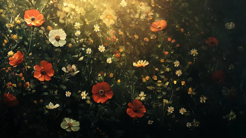 Sunlit wildflower meadow painting with glowing poppies.