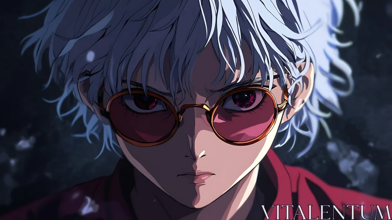 Intense anime portrait with rim-lit white hair and red lenses