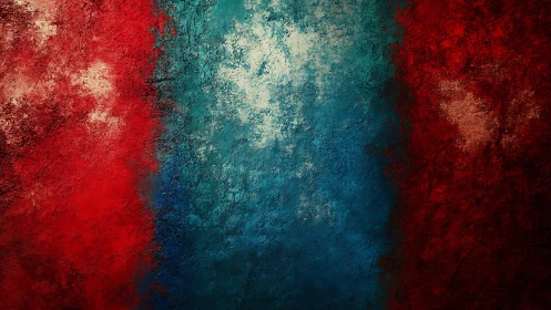 Textured tricolor abstraction with deep red and cyan fields.