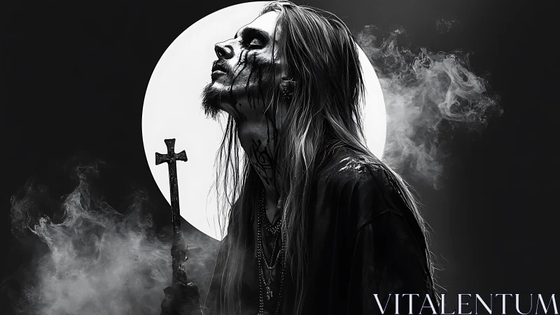 Monochrome occult portrait with crucifix and halo backlight.