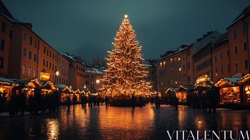 Large city square Christmas tree with night market lights.