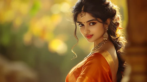 Golden-hour muse in silk sari with luminous gaze and grace.