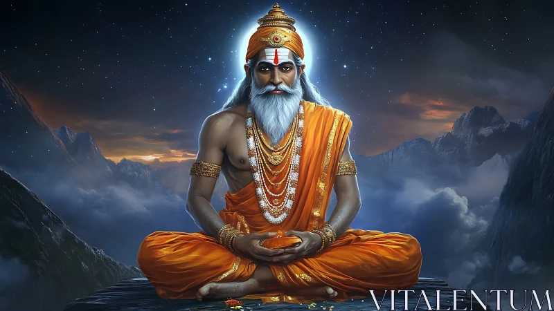 Digital yogic sage portrait rendered in luminous mountain night