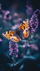Orange butterfly rests on purple flowers in soft bokeh field