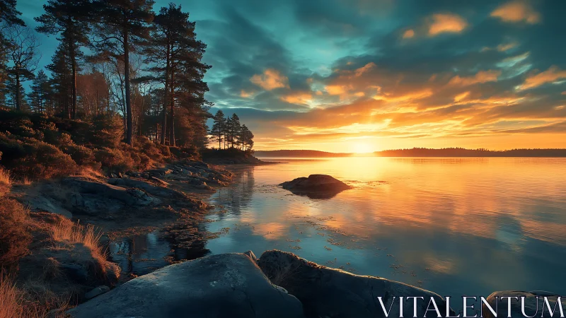 Sunlit pine shoreline reflects across glassy golden lake.