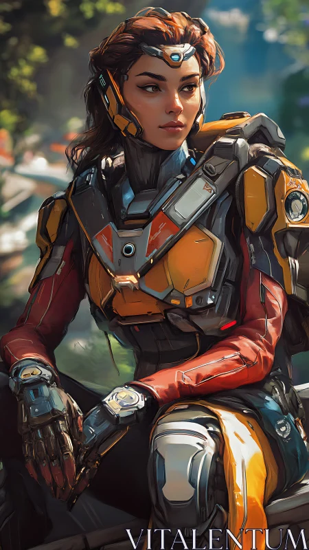 Female pilot in orange sci fi exosuit resting outdoors