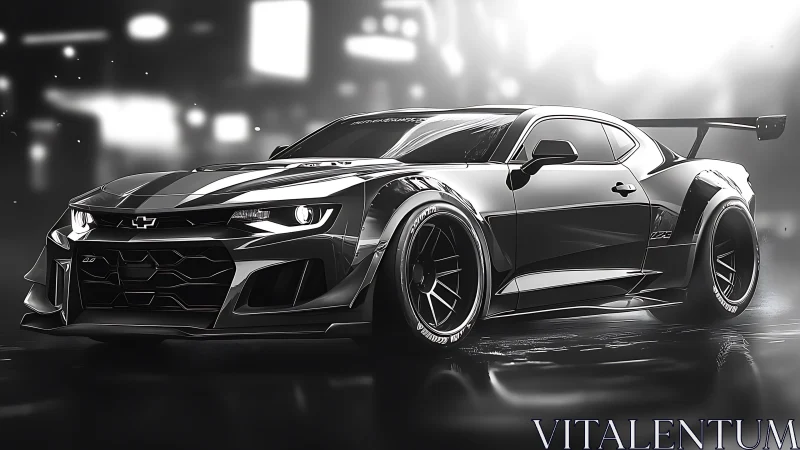 Monochrome widebody track Camaro rendered in cinematic gloss.