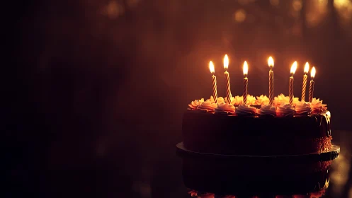 Birthday cake with lit candles in warm golden light.