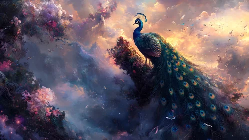 Skythrone peacock crowned by storm-kissed pastel clouds.