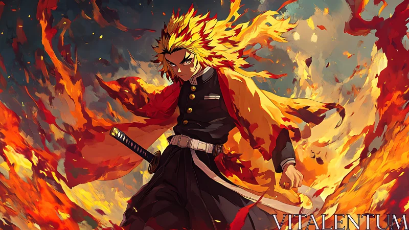 Fiery anime swordsman stands surrounded by swirling flames.