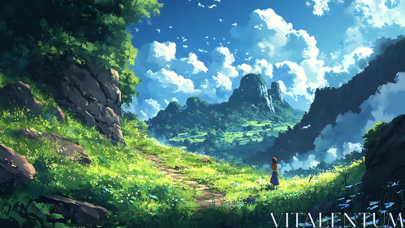 Girl stands on sunlit mountain path facing distant green valley