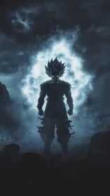 Shadowed anime warrior ignites with storm-charged cosmic power