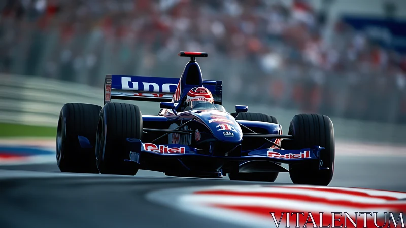 Formula racing car on circuit corner in front view.