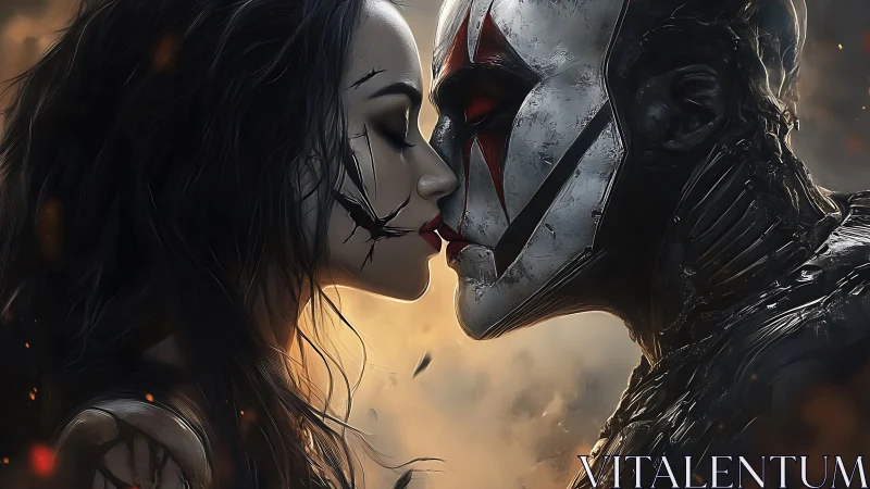 Dark fantasy woman kissing armored cyborg face-to-face.