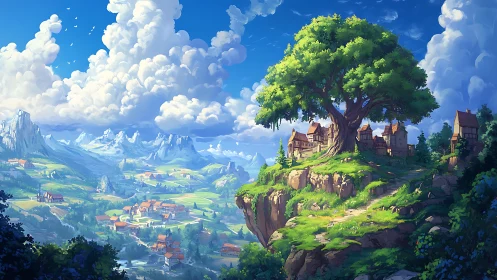 Hilltop village beneath large tree in fantasy valley.