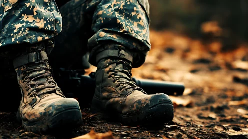 Photorealistic close-up of combat boots in autumn field.
