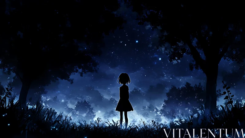Quiet child beneath a star-swept midnight forest sky.