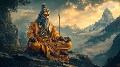 Meditating sage in saffron robes overlooks misty Himalayas