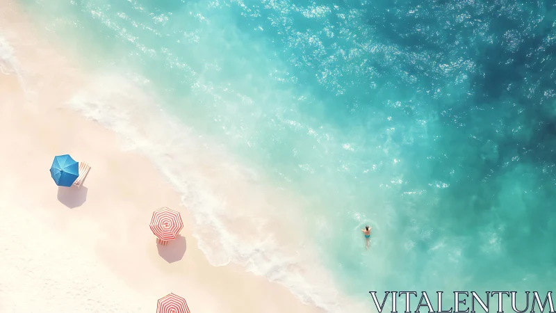 Top-down coastal scene shows swimmer and umbrellas aligned